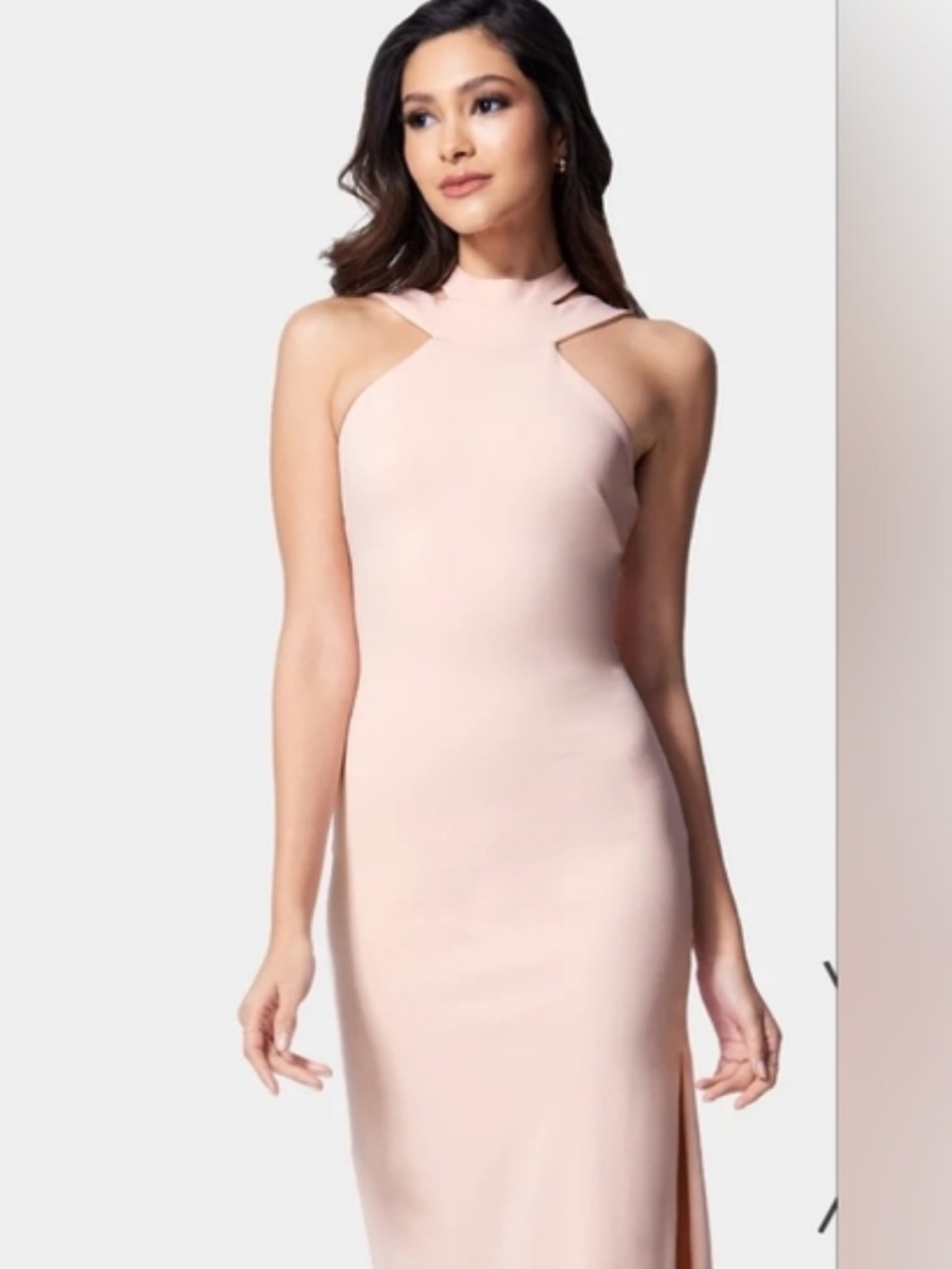 BEBE SPARKLING PINK BLUSH SLEEK SLEEVELESS CUT CHOKER HALTER MIDI DRESS SZ M